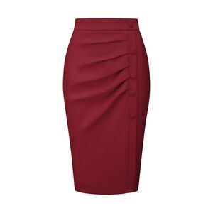 Pencil Skirt High Waist Pleated Front Workwear Midi Skirts Dark Red